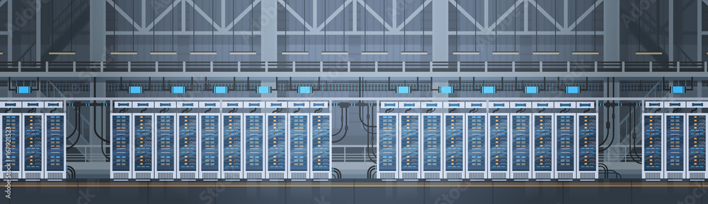 Poster Data Center Room Hosting Server Computer Information Database Synchronize Technology Flat Vector Illustration