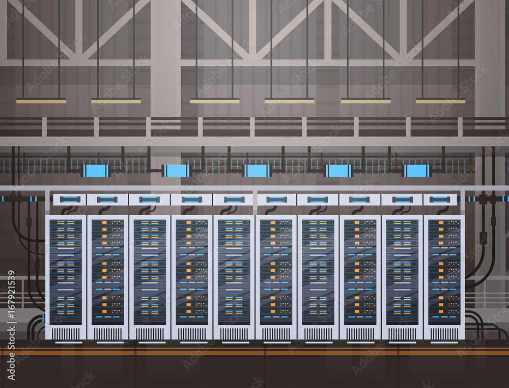Poster data center room hosting server computer information database synchronize technology flat vector ill