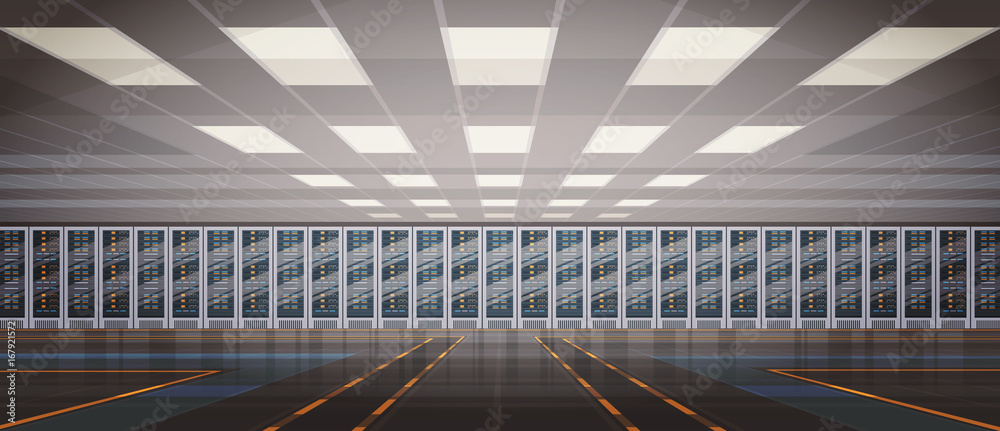 Poster Data Center Room Hosting Server Computer Information Database Synchronize Technology Flat Vector Illustration
