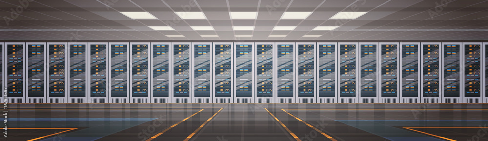 Poster Data Center Room Hosting Server Computer Information Database Synchronize Technology Flat Vector Illustration