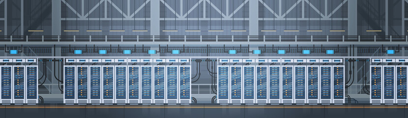 Data Center Room Hosting Server Computer Information Database Synchronize Technology Flat Vector Illustration