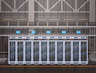 Data Center Room Hosting Server Computer Information Database Synchronize Technology Flat Vector Illustration