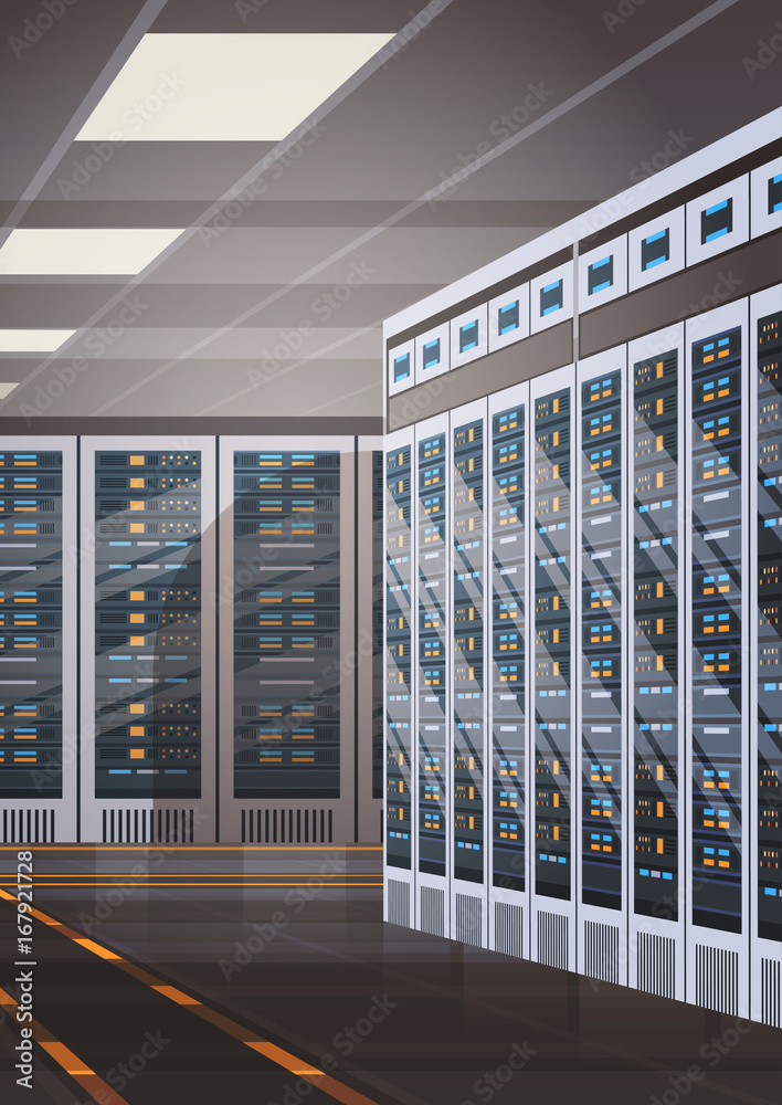 Poster data center room hosting server computer information database synchronize technology flat vector ill