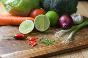mixed fresh vegetables and ingredient on chopping board