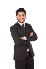 Happy handsome young businessman smiling and standing confidently, guy wearing black suit and black tie, isolated on white background