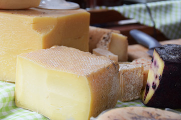 cubes of cheese on market stall