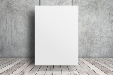 Blank white paper poster hanging at grunge concrete wall and wood plank floor,Mock up template for adding your content or design,Business presentation.