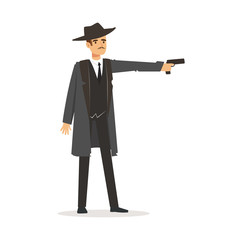 Mafia hitman character in gray coat and fedora hat standing aiming with gun vector Illustration