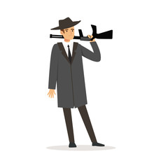 Mafia man character in gray coat and fedora hat standing with gun vector Illustration