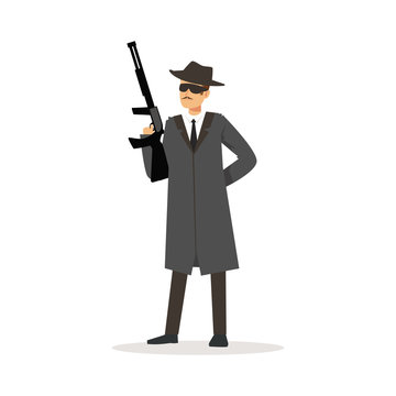 Mafia man character in gray coat and fedora hat holding submachine gun vector Illustration