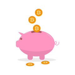 Vector pink money box with bitcoin coin. Cryptocurrency concept.