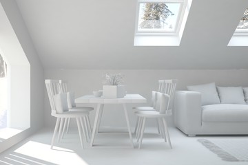White dinner room. Scandinavian interior design. 3D illustration