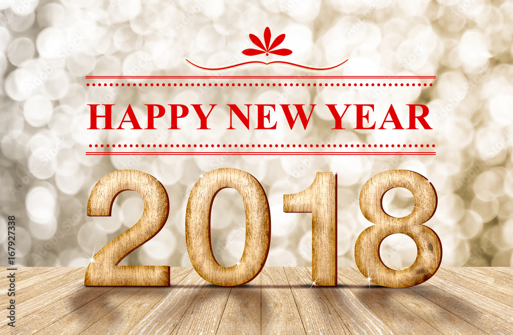 Poster happy new year 2018 (3d rendering)wood number in perspective room with sparkling bokeh wall and wood