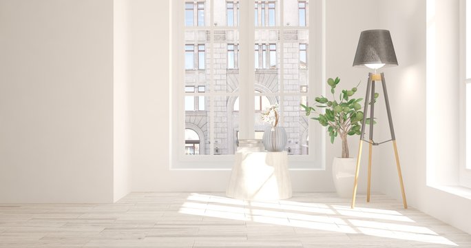 Idea of white empty room with urban landscape in window. Scandinavian interior design. 3D illustration