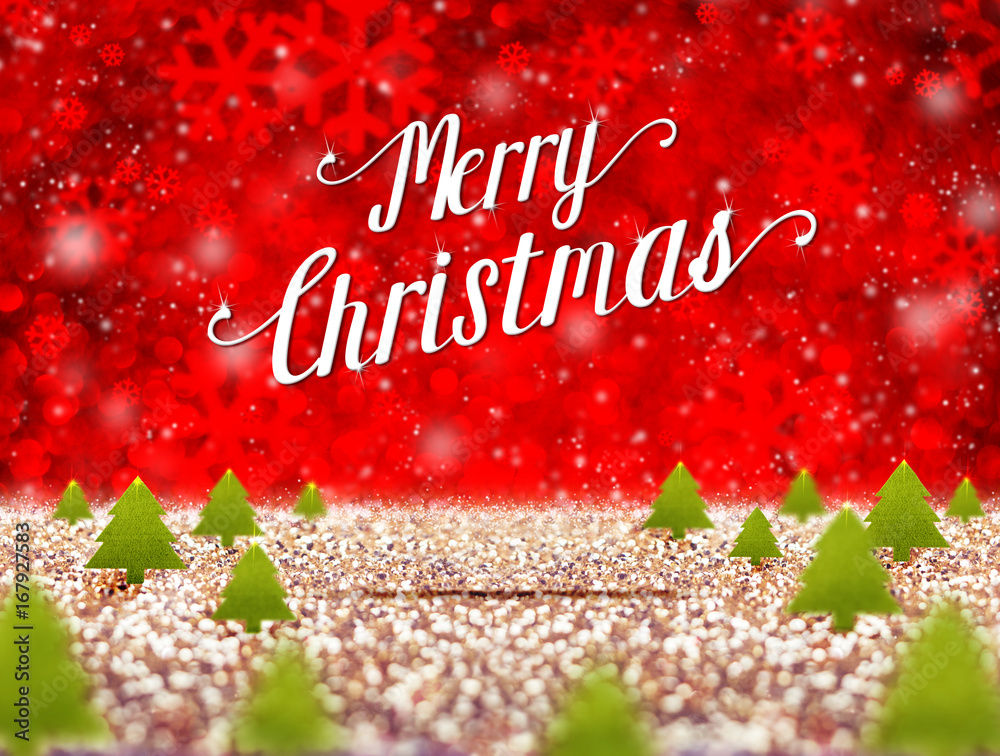 Poster Merry Christmas word and christmas tree when snow falling at red snowflake bokeh and gold sparkling glitter perspective room background,Holiday greeting card concept