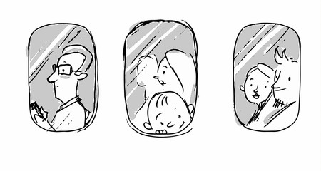 Passengers in the plane near the window. Vector sketch for cartoon, projects, storyboard - 167927502