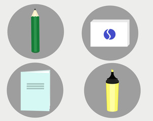 Icons of tools, pencil, marker, eraser, notebook on grey background and in dark grey circles. 