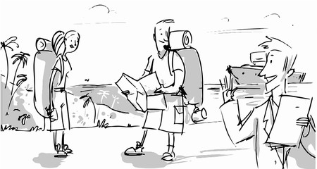 Couple in vacation reading the map and the travel agent helps. Vector sketch for cartoon, projects, storyboard