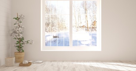 Obraz na płótnie Canvas White empty room with winter landscape in window. Scandinavian interior design. 3D illustration