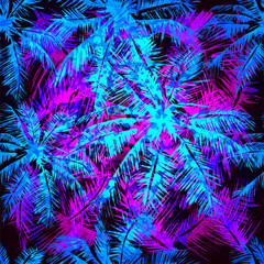 Obraz premium tropical pattern depicting pink and purple palm trees with with yellow highlights reflections on a turquoise background. Seamless tropical multicolor wallpaper