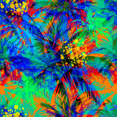 Obraz premium tropical pattern depicting pink and purple palm trees with with yellow highlights reflections on a turquoise background. Seamless tropical multicolor wallpaper