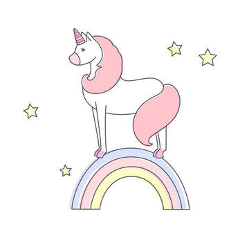 Cute unicorn stands on a rainbow isolated vector illustration