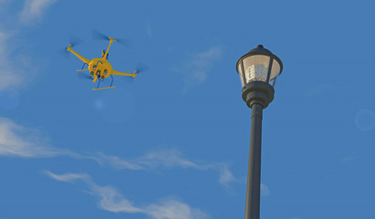 Fototapeta na wymiar 3D render of a UAV drone with top-mounted camera inspecting an LED street light. Fictitious UAV and street lamp, blue sky and motion blur for dramatic effect.