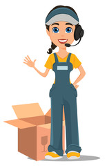 Courier woman with headset accepts an order, standing near opened box. Professional fast delivery.