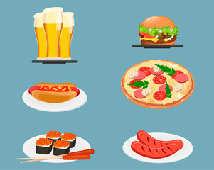 Food icons. Beer, cheeseburger, hot dog, pizza, sushi and fried sausages. Set