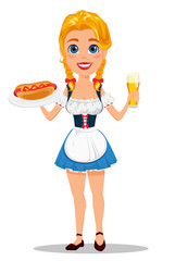 Oktoberfest vector illustration with sexy redhead girl holding hot dog and a glass of beer.