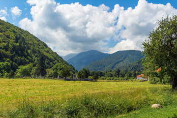 Scenery of Carpathian mountains, wild nature landscape in Sambata de Sus village, Romania