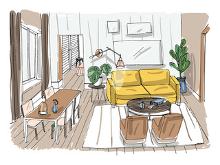 Modern living room interior. Furnished drawing room. Colorful vector illustration sketch on light background.