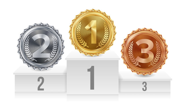 Pedestal With Gold, Silver, Bronze Medals Vector. White Winners Podium. Number One. 1st, 2nd, 3rd Placement Achievement Concept. Isolated Illustration.