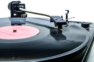 Retro party dj turntable to play music on vinyl audio disc.Hifi audiophile turn table device.