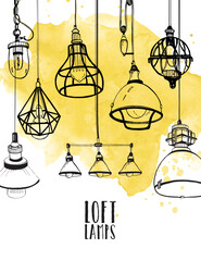 flyer with modern edison loft lamps, vintage, retro style light bulbs © Good Studio