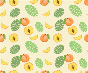 Peach pattern with full peach, slice of peach, half peach and leaves on light yellow background
