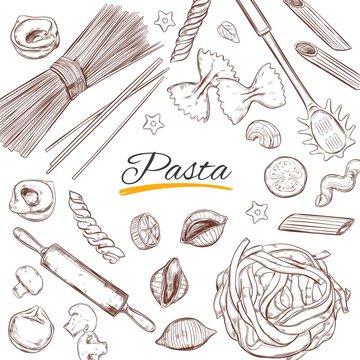 Italian Pasta frame. Different types of pasta. Vector hand drawn illustration. Isolated objects on white. Sketch style