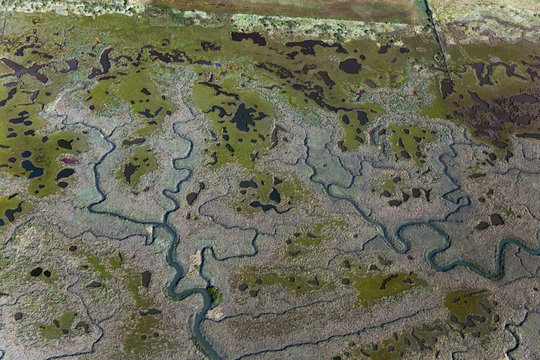Aerial view of saltmarshes, Burnham Overy, Norfolk, England, UK, September 2009.