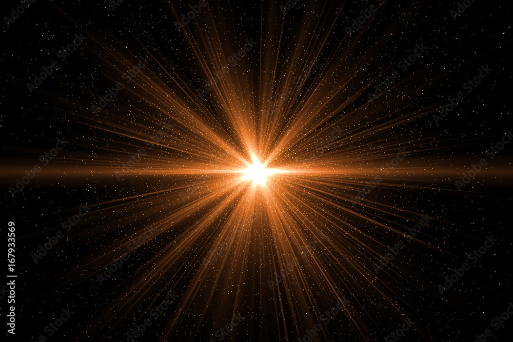 Wall mural sunburst with lens flare light over black background. easy to add overlay or screen filter over phot