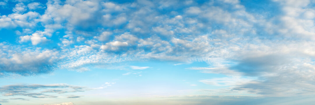 Vibrant color panoramic sky with cloud on a cloudy day. Beautiful cirrus cloud. Panorama high resolution photograph.