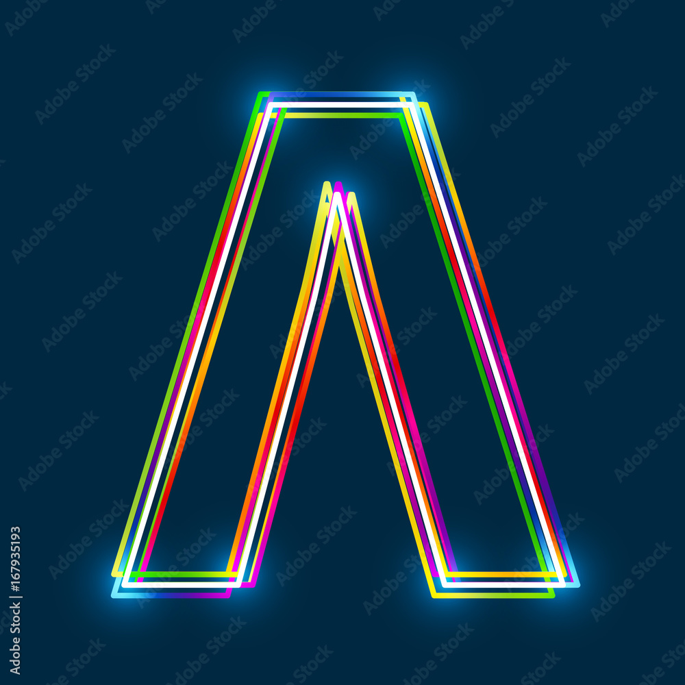 Poster greek capital letter lambda. multicolor outline font with glowing effect on blue background. vector 