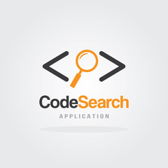Code Search logo design concept with magnifier icon vector illustration. Logo for mobile application, programming code, consulting, development and software testing.