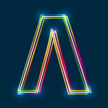 Greek Capital Letter Lambda. Multicolor outline font with glowing effect on blue background. Vector EPS10