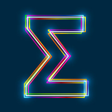 Greek Capital Letter Sigma. Multicolor outline font with glowing effect on blue background. Vector EPS10