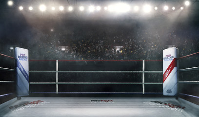 professional boxing arena in lights 3d rendering