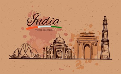 Lotus temple. Taj Mahal. Gate of India. Kutb-Minar. The Heritage of India. Vector hand drawn illustration. Sketch style. Concept. Template