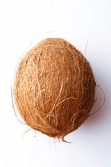 Coconut on white background. Whole coconut. Top view
