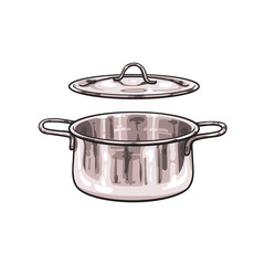 vector metal chrome cooking pot sketch cartoon isolated illustration on a white background. Kitchenware equipment utensil objects concept
