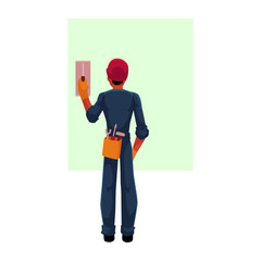 Construction worker, electrician, technician in hardhat and jumpsuit switching contact breaker, cartoon vector illustration with space for text. . Full length, rear view portrait of electrician