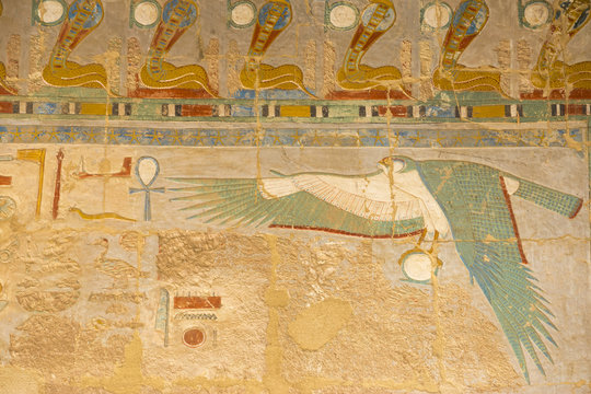 Egypt, Luxor, West Bank, Deir Al Bahri, Reliefs in the Lower chapel of Anubis at the Temple of Hatshepsut also known as Djeser-Djeseru,  Holy of Holies